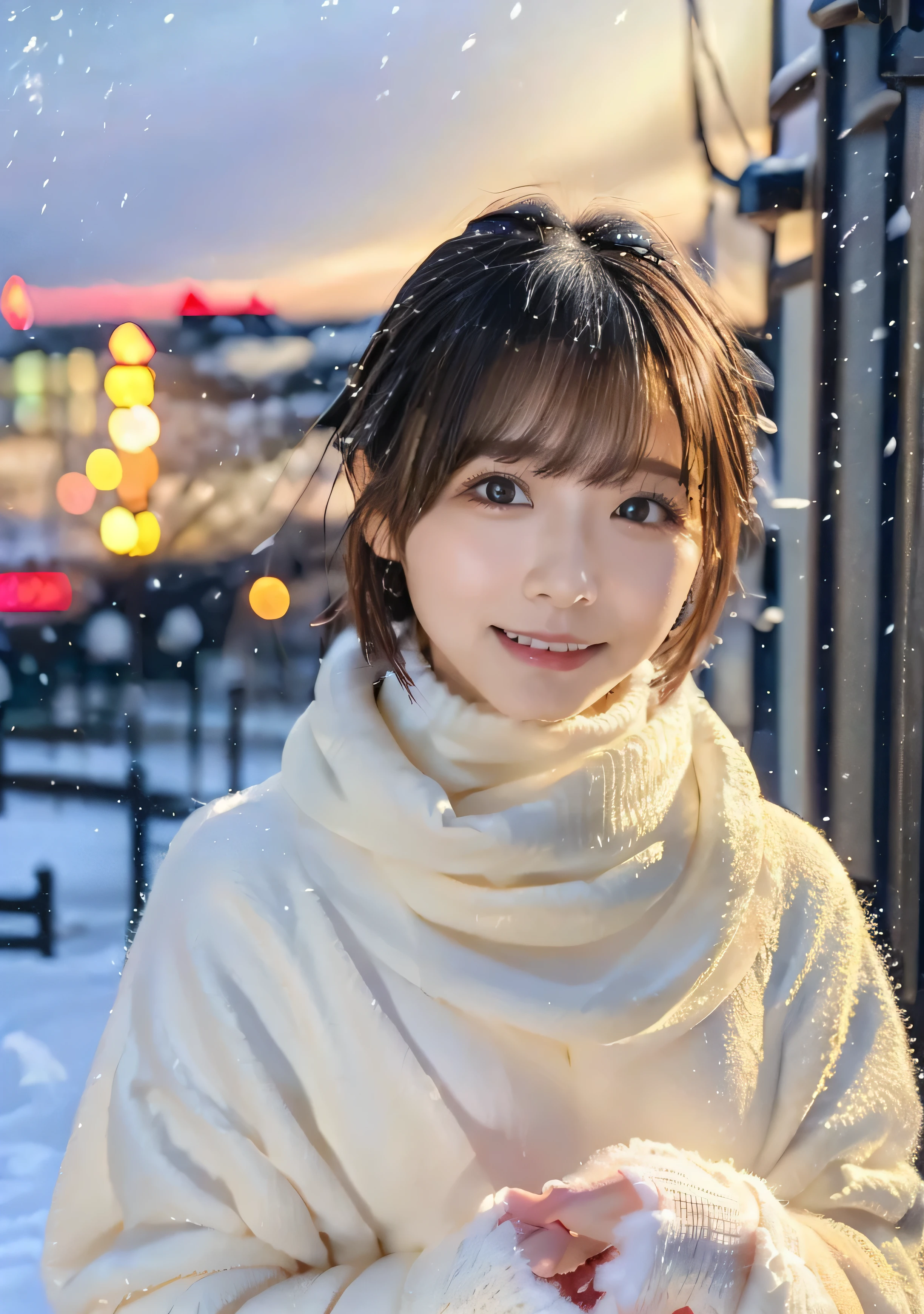 A toothy smile、blue eyes、Holding a kitten、Photo from the waist up、Night city illumination shot、Cowgirl Shot、Fur coat、Luxurious grey mink fur coat、Wear fine leather boots、Luxury Bags、Inner turtleneck、Silver necklace and small silver earrings Millionaire style:1.4))、Full body photo、smile、 Caustics、Highly detailed photos、Very beautiful woman 、Ample breasts、No makeup、(8K、RAW Photos、Highest quality、masterpiece:1.2)、(Realistic、Realistic)、1 Girl、((Medium Short Hair、Midwinter、Cold region Snow falling、The wind is blowing、Fluttering Hair、Blur the background、Colorful illuminations、Looking into the camera:1.4))、