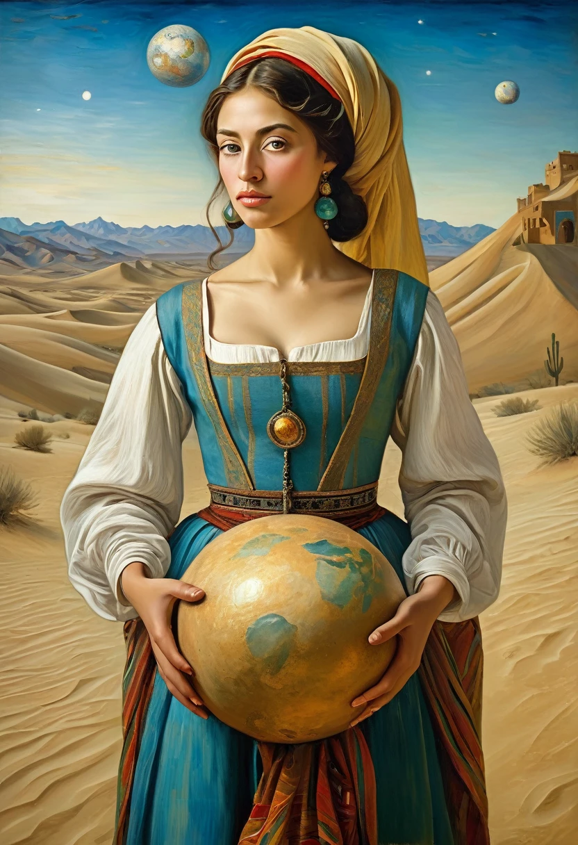 oil painting, leonardo da vinci style, Van Gogh, lots of, chirico, beautiful Alafi woman in traditional costume holding a small drum in the desert, beautiful  face , detailded, beautiful and big eyes with big eyelashes, a young woman in shamanic costume, a girl holding an earth sphere, the setting of the movie Silk Road, beautiful youth, Portrait photo, ex-princess Lieb, the disappearing line of the desert is below the woman&#39;waist, the sky is clear and transparent.