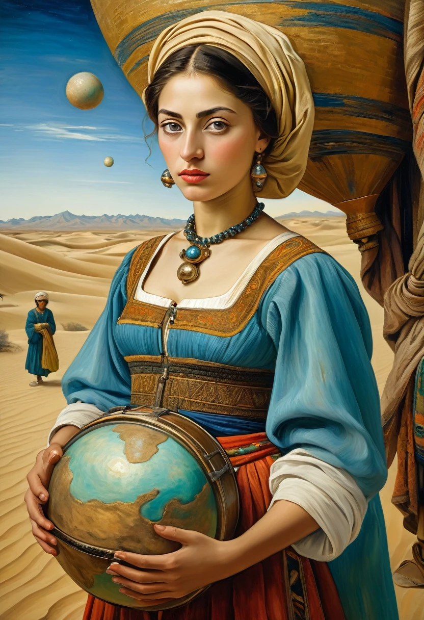 oil painting, leonardo da vinci style, Van Gogh, lots of, chirico, beautiful Alafi woman in traditional costume holding a small drum in the desert, beautiful  face , detailded, beautiful and big eyes with big eyelashes, a young woman in shamanic costume, a girl holding an earth sphere, the setting of the movie Silk Road, beautiful youth, Portrait photo, ex-princess Lieb, the disappearing line of the desert is below the woman&#39;waist, the sky is clear and transparent.