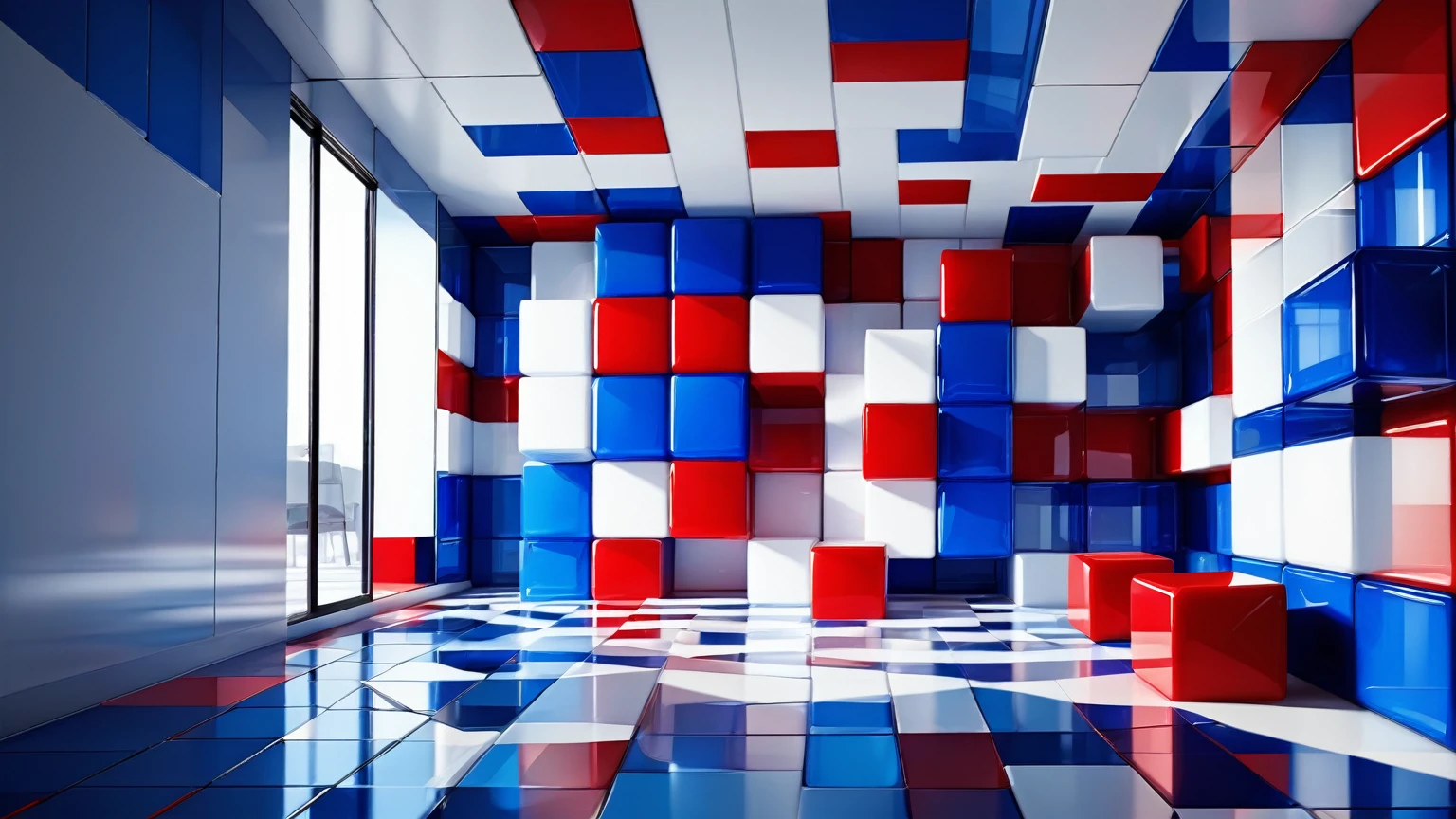 Glass-walled room with red,
white,
and blue colored cubes forming the walls,
floor,
and ceiling,
featuring floor reflections,
isometric perspective,
3d art,
high detail with ray tracing,
sharp focus,
ethereal lighting effects,
ultra HD resolution,
realistic textures,
vivid colors,
highly detailed surfaces,
UHD pen and ink style,
composed using the principles of perfect composition,
insanely detailed octane rendering,
rendered in C4D and OLEND