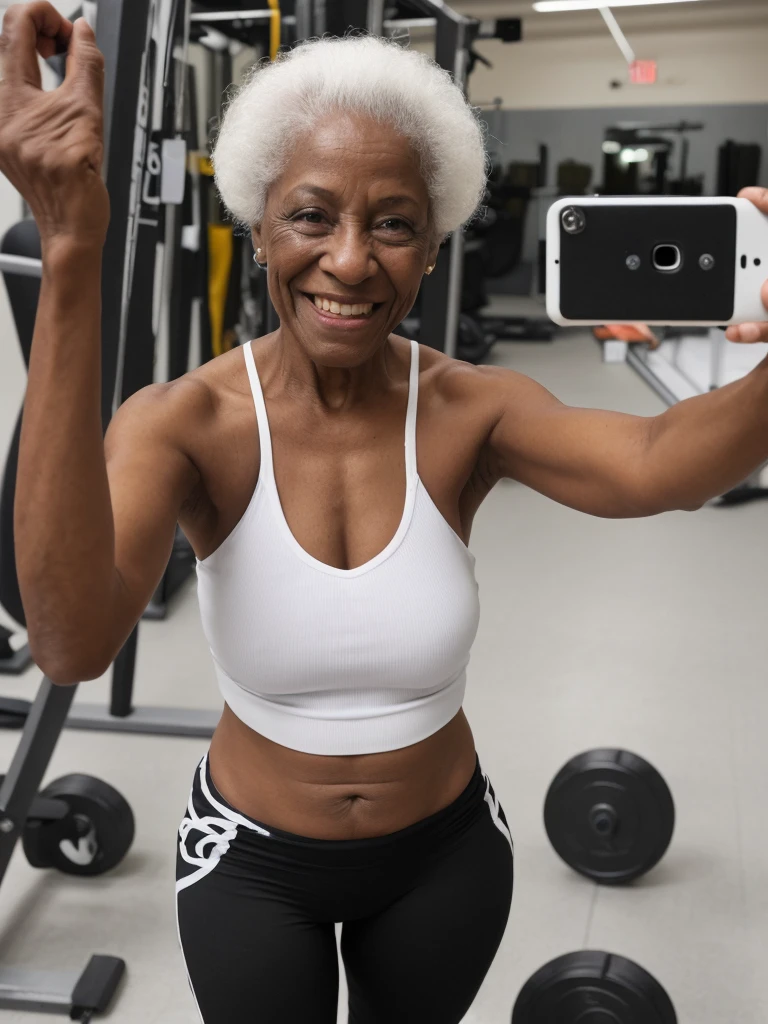 Androeda, solo, realistic, black girl, ((85-year-old girl)), ((mature)), ((old woman)), ((wrinkled woman)), african american old woman, old black woman, dark-skinned, (((upper body only))), ((at the gymnasium)), ((selfie shot)), smiling, wearing attractive tops, white hair