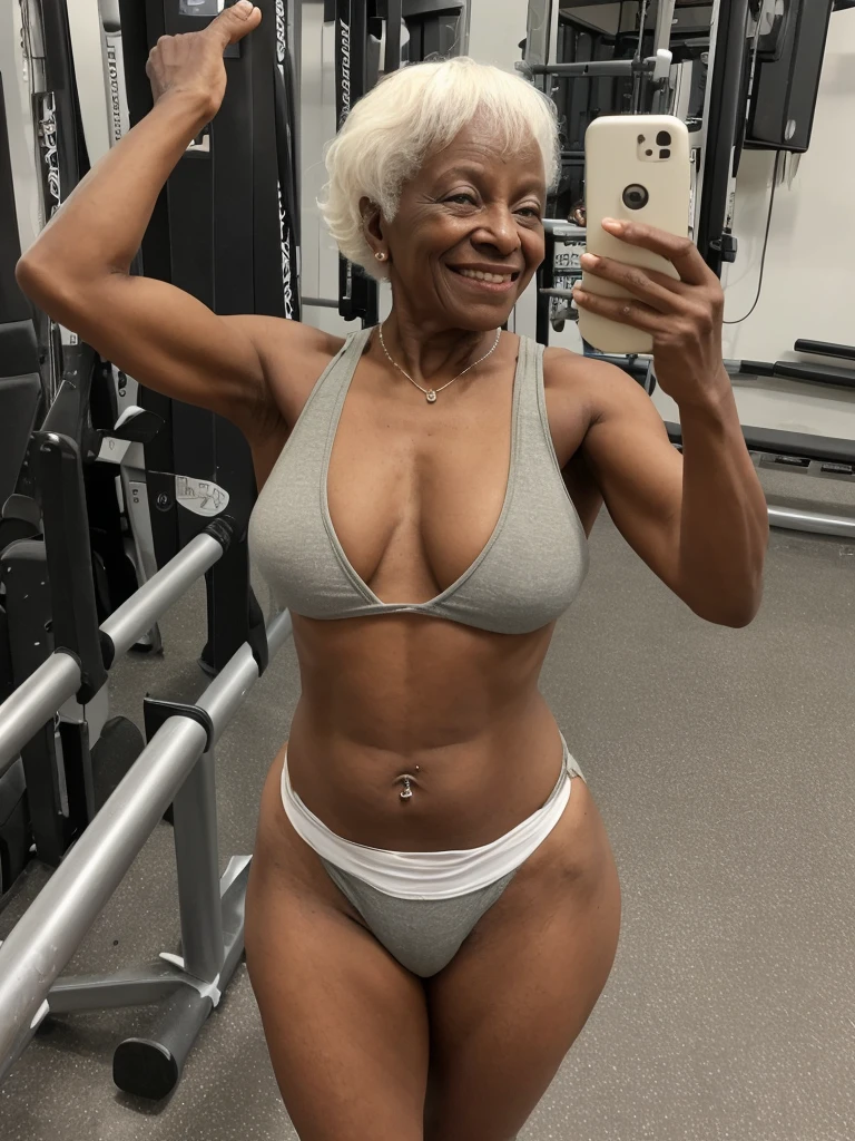 Androeda, solo, realistic, black girl, ((85-year-old girl)), ((mature)), ((old woman)), ((wrinkled woman)), african american old woman, old black woman, dark-skinned, (((upper body only))), ((at the gymnasium)), ((selfie shot)), smiling, wearing attractive tops, white hair