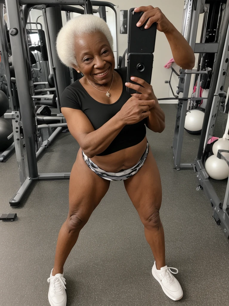 Androeda, solo, realistic, black girl, ((85-year-old girl)), ((mature)), ((old woman)), ((wrinkled woman)), african american old woman, old black woman, dark-skinned, (((upper body only))), ((at the gymnasium)), ((selfie shot)), smiling, wearing attractive tops, white hair
