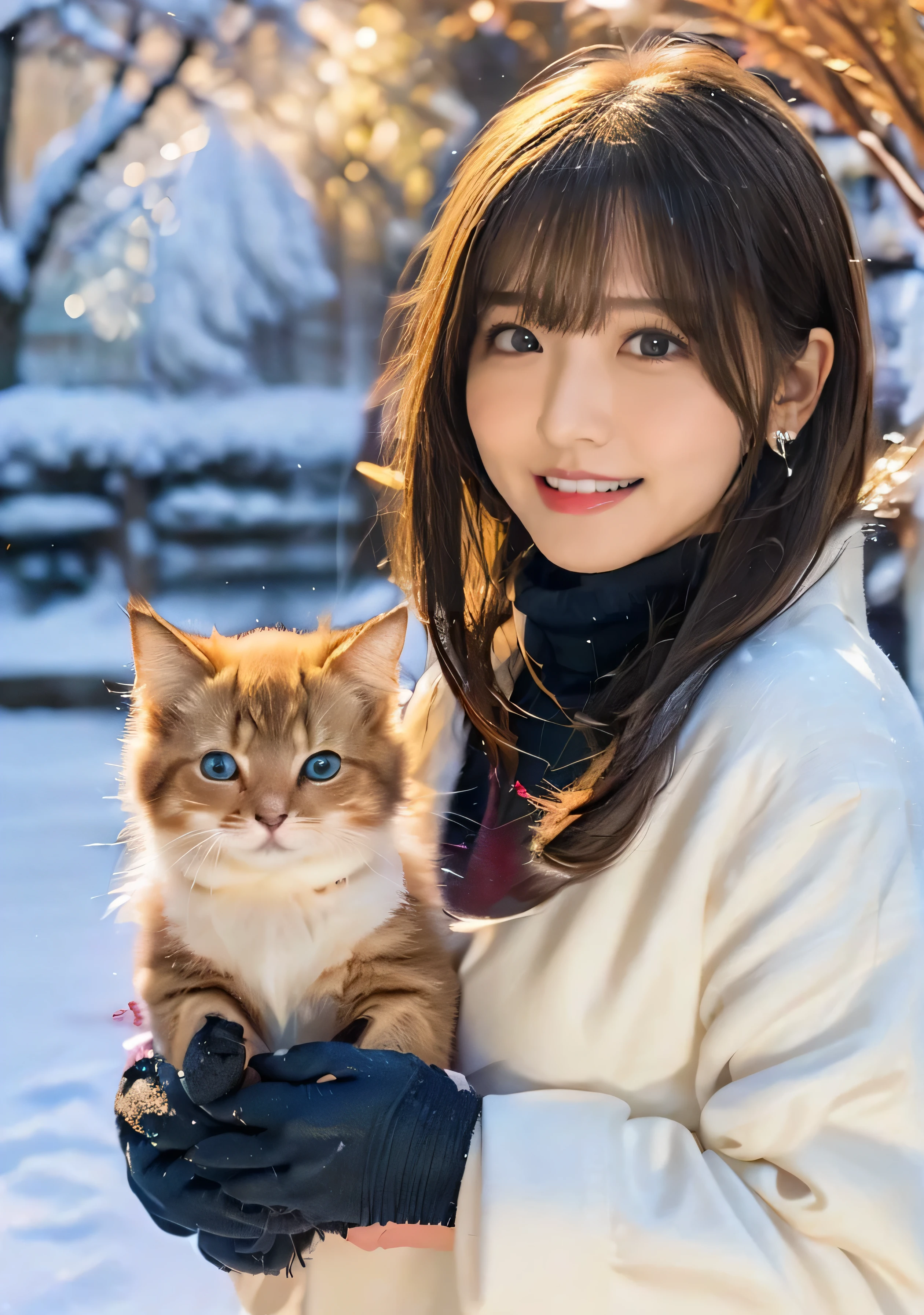 Show your teeth and smile、blue eyes、Holding a kitten、Photo from the waist up、Night city illumination shot、Cowgirl Shot、Fur coat、Luxurious grey mink fur coat、Wear fine leather boots、Luxury Bags、Inner turtleneck、Silver necklace and small silver earrings Millionaire style:1.4））、Full body photo、smile、 Caustics、Highly detailed photos、Very beautiful woman 、Ample breasts、No makeup、(8K、RAW Photos、Highest quality、masterpiece:1.2)、(Realistic、Realistic)、1 Girl、((Medium Short Hair、Midwinter、Cold region Snow falling、The wind is blowing、Fluttering Hair、Blur the background、Colorful illuminations、Looking into the camera:1.4))、
