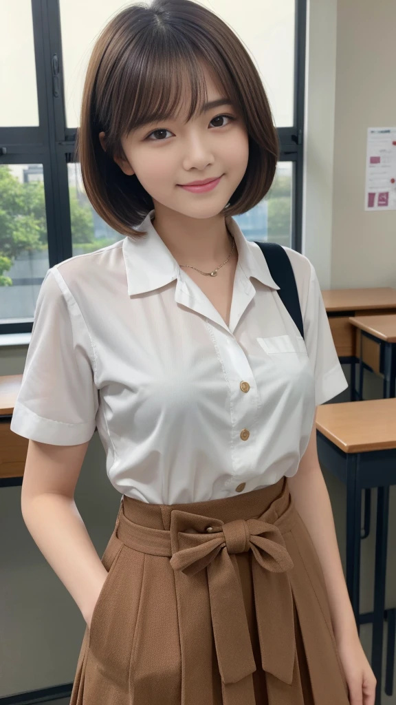 Highest quality,masterpiece:1.3,Ultra-high resolution),(Very detailed,Caustics,8K),(Realistic:1.4,RAW shooting),Wearing a high school uniform、Chinese Girl,smile,18-year-old,Little brown hair color、Chinese eyes、Short Bob Haircut,Looking into the camera,School classroom、Waist up shot,front,Face Focus,Face close-up,(Warm Light),Professional Writing、Face to the side