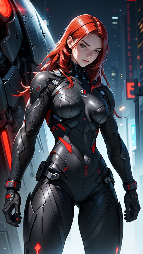 Beautiful cybernetic girl 18 years old detailed muscles realistic masterpieces full figure pose (best quality,ultra-detailed), red hair, fair skin, fit body, slim figure, narrow waist, (confident expression), black carbon fiber cybernetic mobile combat suit