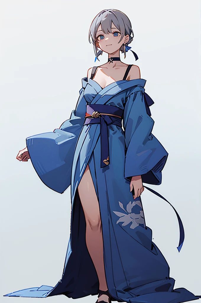 Blue Yukata、Gray Hair、Mischievous face、Choker on neck、Big earrings、Arms crossed、Only the mouth is smiling、Straw sandals、Choker on right leg、Shoulders are out(whole body、Are standing、、White background)