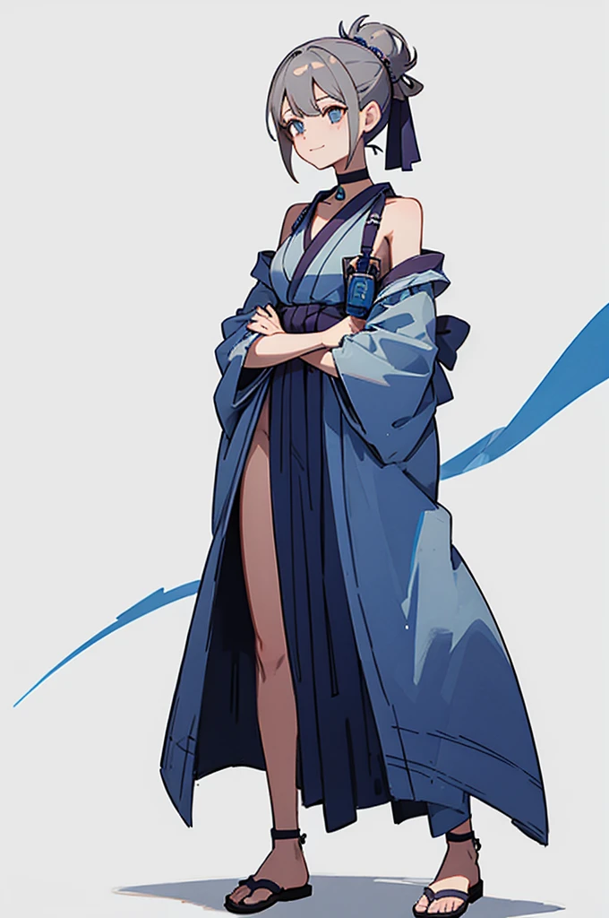 Blue Yukata、Gray Hair、Mischievous face、Choker on neck、Big earrings、Arms crossed、Only the mouth is smiling、Straw sandals、Choker on right leg、Shoulders are out(whole body、Are standing、、White background)