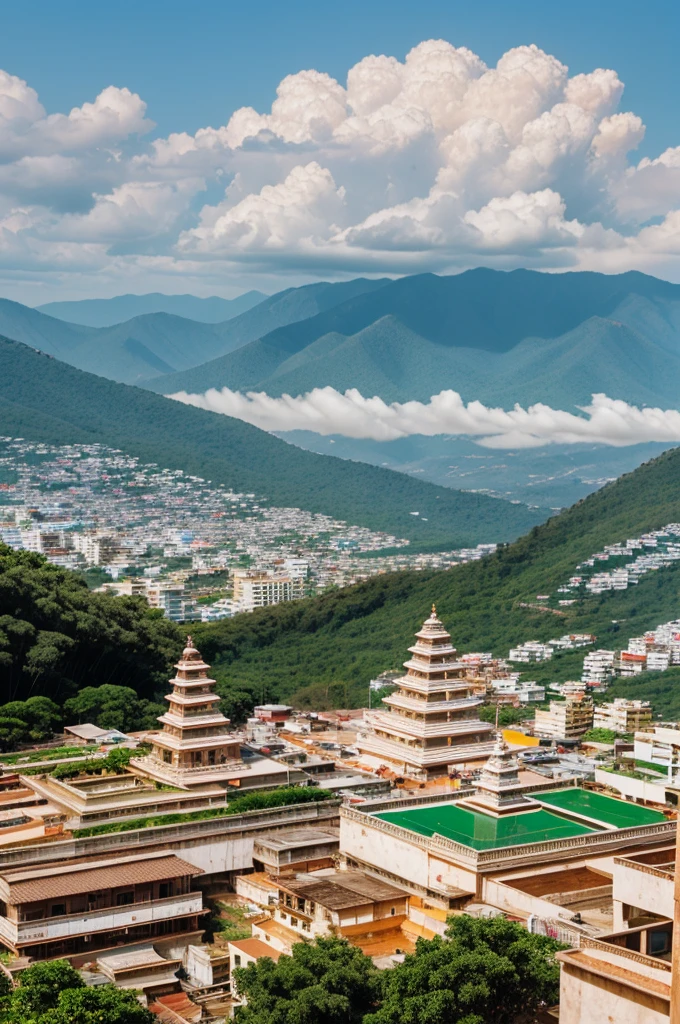 Panoramic view of Tirupati nestled among green hills, revealing the iconic Venkateswara Temple gopurams, bustling streets with colorful shops, and a dramatic cloud opening showing modern buildings