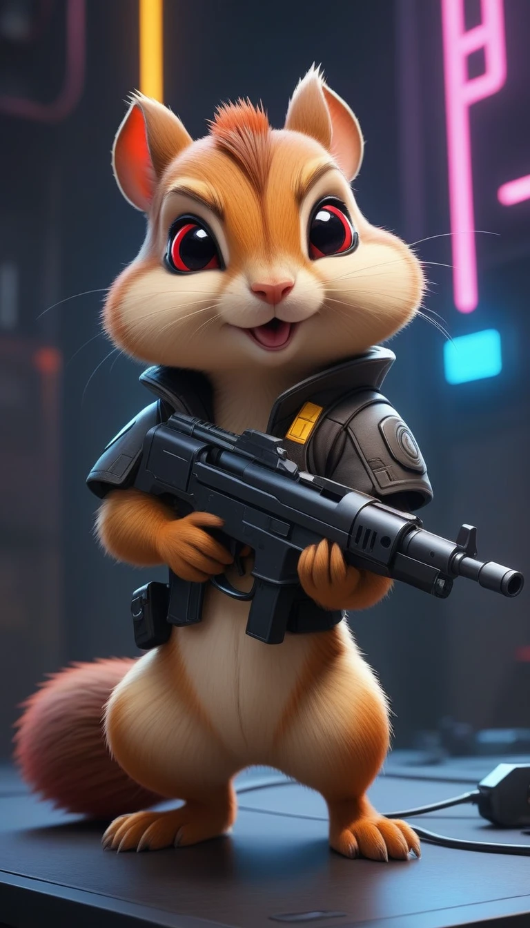 ASCIImasterpiece Comic 2 (((Cyberpunk))) Chipmunk with a gun, bionic (Prosthesis), Glittering red eyes, ((Futuristic, Dystopia, Neon Colors)), symmetry, Very detailed, number, Art Station, Concept Art, Clear focus, illustration, Volumetric Lighting, Epic Composition, 8K, painting, CG Society