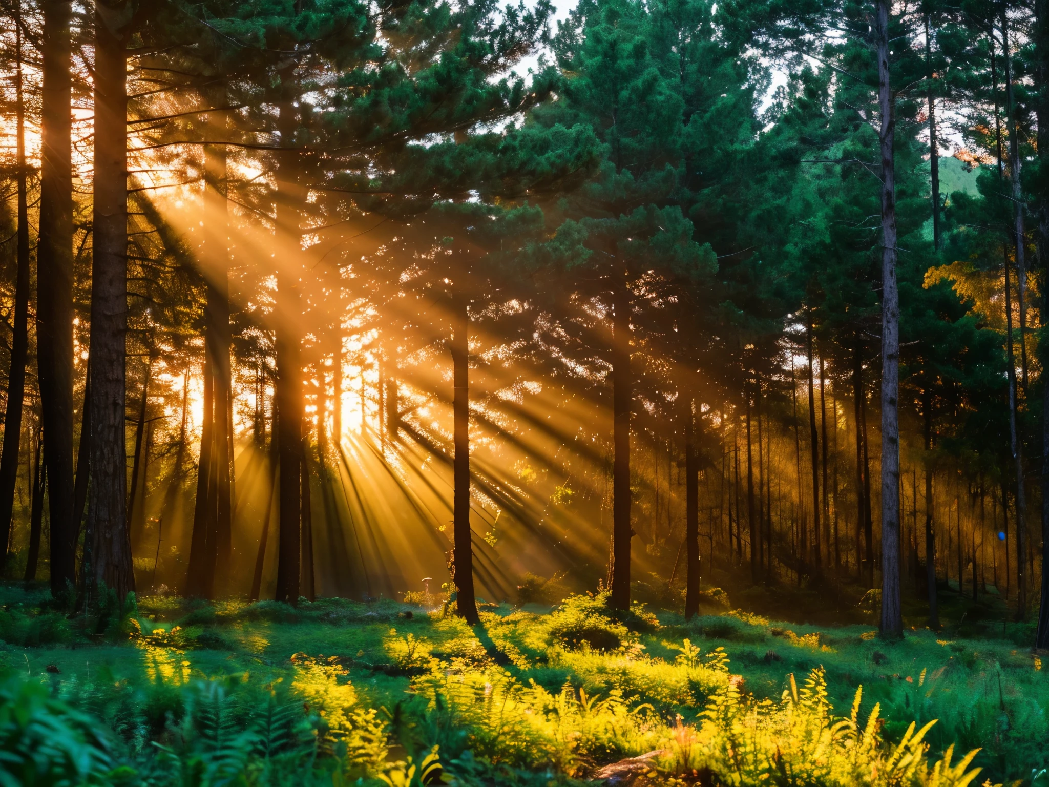 a beautiful sunset in a lush forest, sun rays peeking through the trees, colorful foliage, detailed forest landscape, dramatic sky with warm tones, detailed trees and plants, realistic lighting, cinematic composition, (best quality,4k,8k,highres,masterpiece:1.2),ultra-detailed,(realistic,photorealistic,photo-realistic:1.37),HDR,UHD,studio lighting,vivid colors,landscape,dramatic lighting