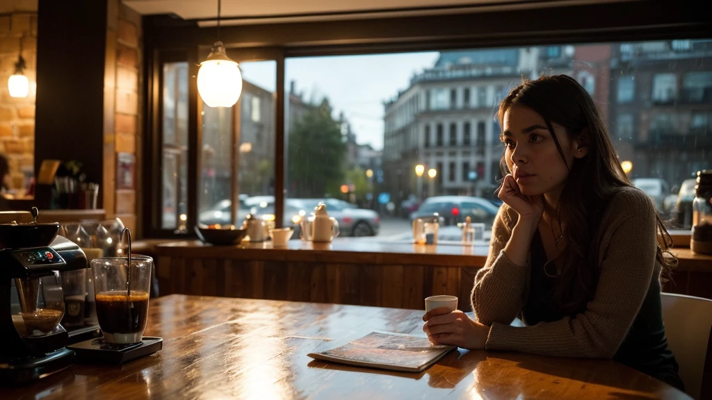 a woman barista in a cozy coffee shop, rain outside the window, city landscape, beautiful detailed eyes, beautiful detailed lips, extremely detailed face, medium: digital painting, (best quality,4k,8k,highres,masterpiece:1.2),ultra-detailed,(realistic,photorealistic,photo-realistic:1.37),warm lighting, moody atmosphere, cinematic, vibrant colors, dramatic lighting
