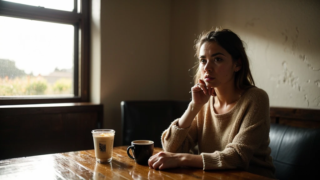 a woman barista in a cozy coffee shop, rain outside the window, city landscape, beautiful detailed eyes, beautiful detailed lips, extremely detailed face, medium: digital painting, (best quality,4k,8k,highres,masterpiece:1.2),ultra-detailed,(realistic,photorealistic,photo-realistic:1.37),warm lighting, moody atmosphere, cinematic, vibrant colors, dramatic lighting