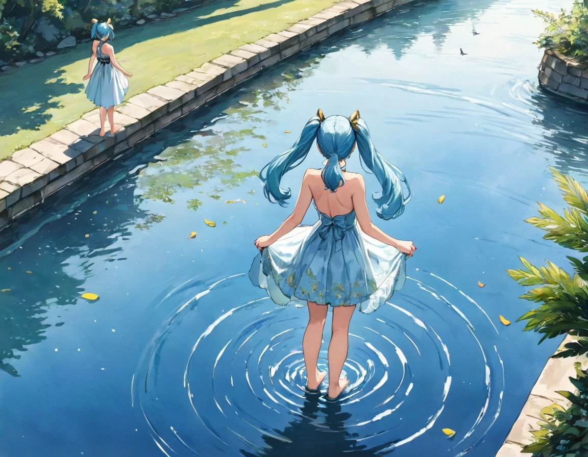 Painting, Highest quality, Absurd, figure, watercolor, One girl, alone, Light blue long hair、Beautiful girl with twin tails、Long Hair, dress, Skirt Hold, Water Play, No sleeve, barefoot, Bare shoulders, Are standing, Detailed Shadows, Looking straight ahead、
From behind, Outdoor, cloud, null, bird, river, Mirror image on the water surface, Concept Art , [rainbow, : Fantasy, Detailed face: 0.5],  [ Ilya: (shinkai makoto): 0.35], masterpiece,