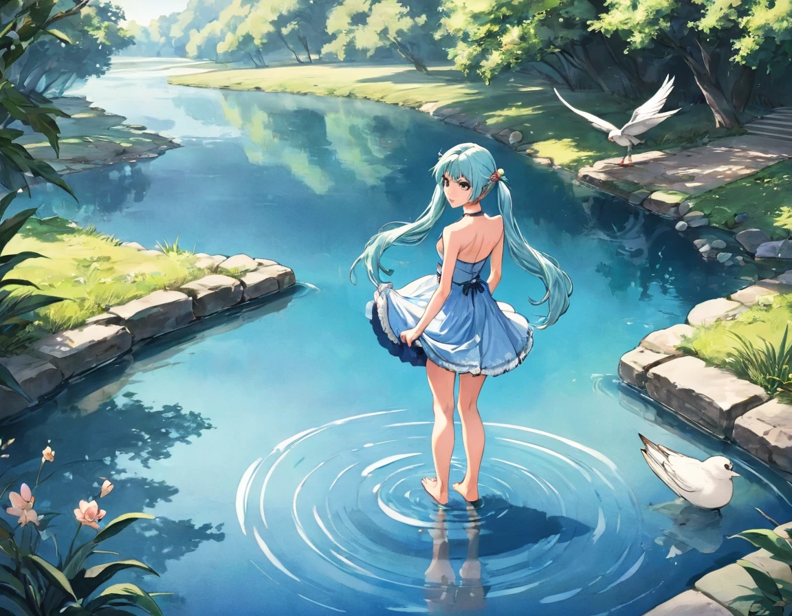 Painting, Highest quality, Absurd, figure, watercolor, One girl, alone, Light blue long hair、Beautiful girl with twin tails、Long Hair, dress, Skirt Hold, Water Play, No sleeve, barefoot, Bare shoulders, Are standing, Detailed Shadows, Looking straight ahead、
From behind, Outdoor, cloud, null, bird, river, Mirror image on the water surface, Concept Art , [rainbow, : Fantasy, Detailed face: 0.5],  [ Ilya: (shinkai makoto): 0.35], masterpiece,