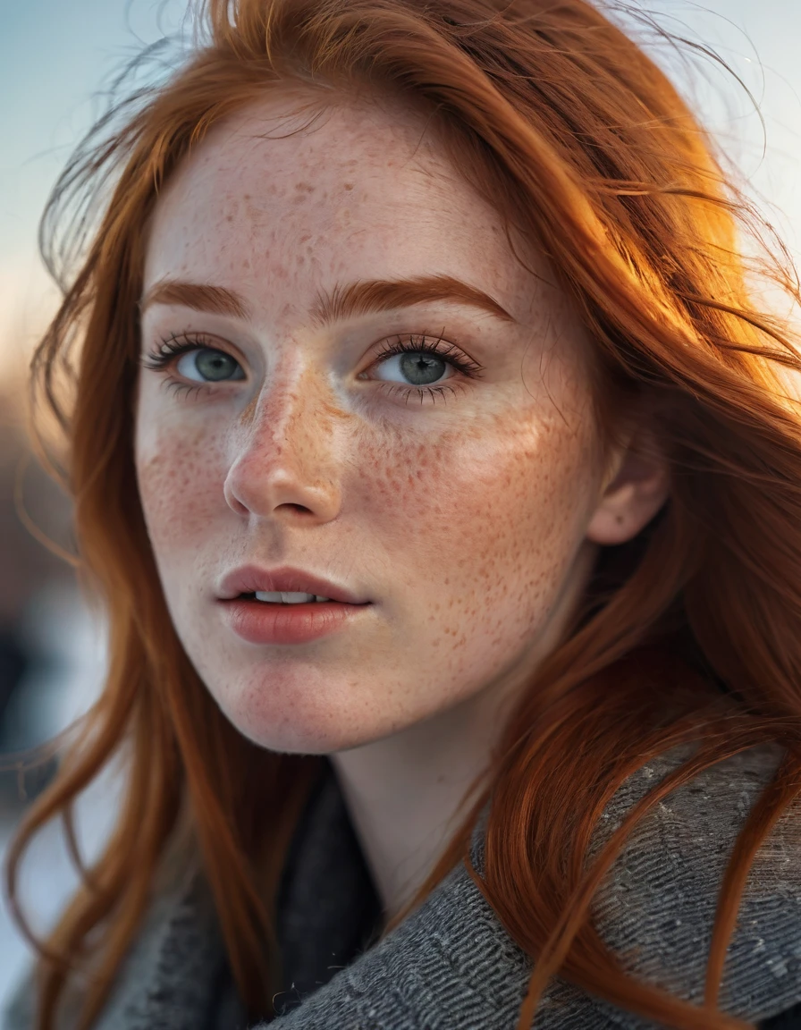 portrait photography, dutch angle shot, a stunning redhead woman's face with freckles, fresh and young face, golden hour, winter, cold day, close up, Phantom High Speed camera, urban emotions, uhd image, moody, detailed facial features, realistic_skin, natural_skin, (masterpiece), best quality, --ar 16:9 --style raw --v 5.2