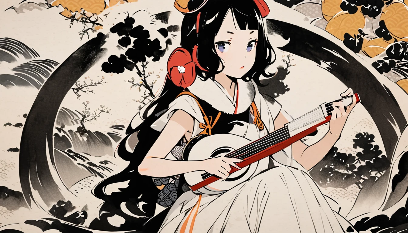 (((Katsushika Hokusai))), (((Ink Painting))), ((very straight longhair)), ((1 girl)), ((Sitting upright)), ((playing the shamisen)), ((beautiful girl)), Japanese style headphones, Black Hair, Delicate and precise, Modern ukiyo-e style