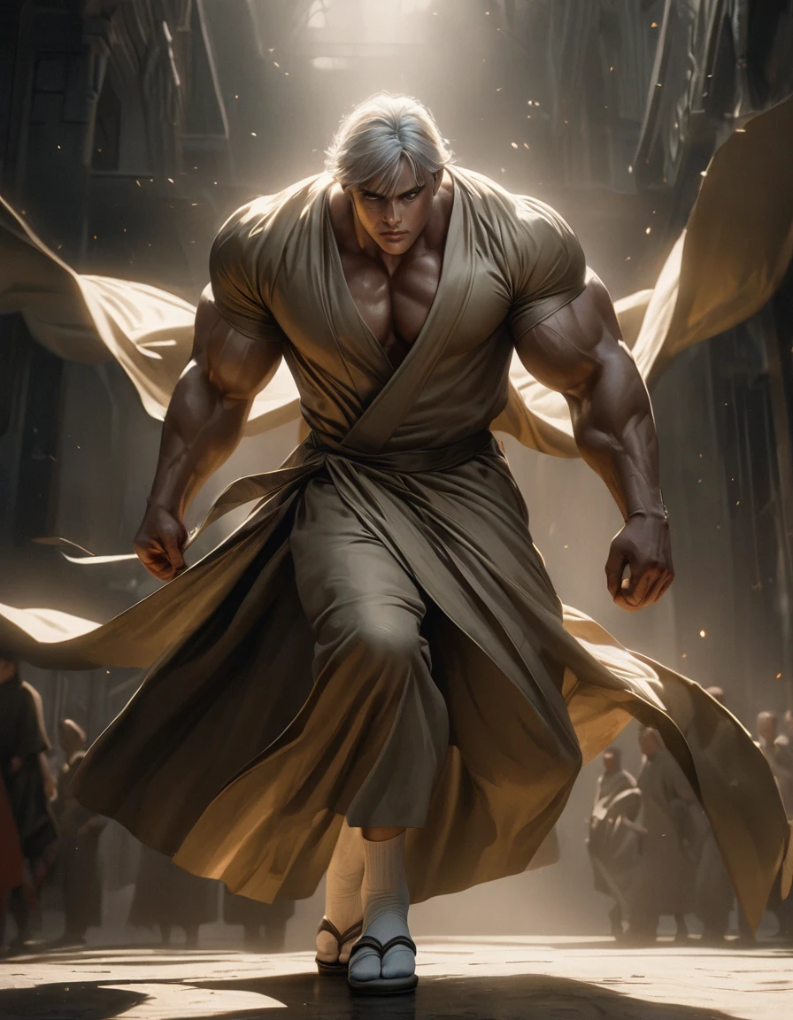 a powerfully muscular young man, short white hair, faded white eyes, gold-colored kāṣāya garment over black yukata robes, white tabi socks, zōri sandals, detailed facial features, imposing presence, masterpiece, highly detailed, photorealistic, 8k, cinematic lighting, dramatic lighting, chiaroscuro, muted colors, moody atmosphere