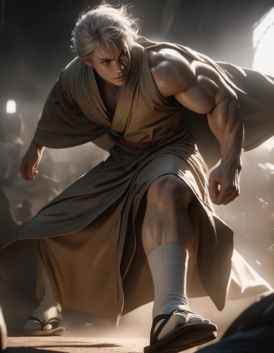 a powerfully muscular young man, short white hair, faded white eyes, gold-colored kāṣāya garment over black yukata robes, white tabi socks, zōri sandals, detailed facial features, imposing presence, masterpiece, highly detailed, photorealistic, 8k, cinematic lighting, dramatic lighting, chiaroscuro, muted colors, moody atmosphere