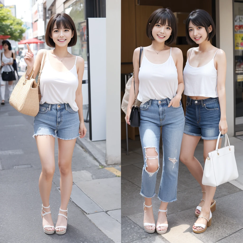 One Japanese woman、Big eyes and round face、Big Laugh、Short Hair、Large breasts、sunlight、Full Body Shot、White tank top、Short jeans、White platform sandals