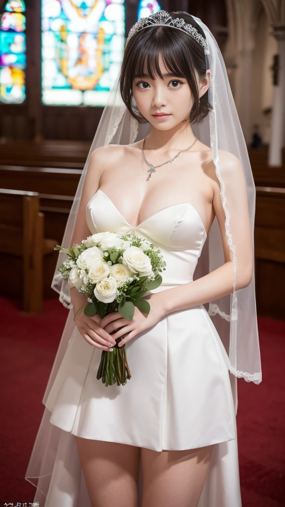 (Highest quality,masterpiece:1.3,Ultra-high resolution),(Very detailed,8K),(Realistic:1.4,RAW shooting)。Blurred Background、A look of embarrassment and tears。A cute, petite 20-year-old woman、Short hairstyle、Plump figure。She is completely naked。Nipples are visible。Wedding Veil。Wedding Gloves。(((Holding a bouquet in both hands)))。Big Necklace。belly button。Cute Panties。Stand in the Church。