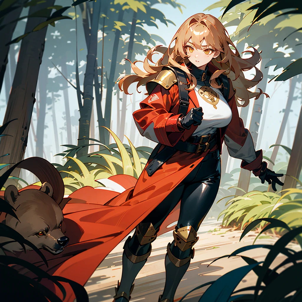 young Korean woman, golden eyes, sandy hair, tanned bronze skin, huge chest, wearing a red coat with rolled up sleeves, heavy steel gold armor, wide leather belt, black leather pants with steel thigh guards, steel plate gloves, hiking backpack, comes with a red bear along a path overgrown with flowers, surrounded by a coniferous forest,