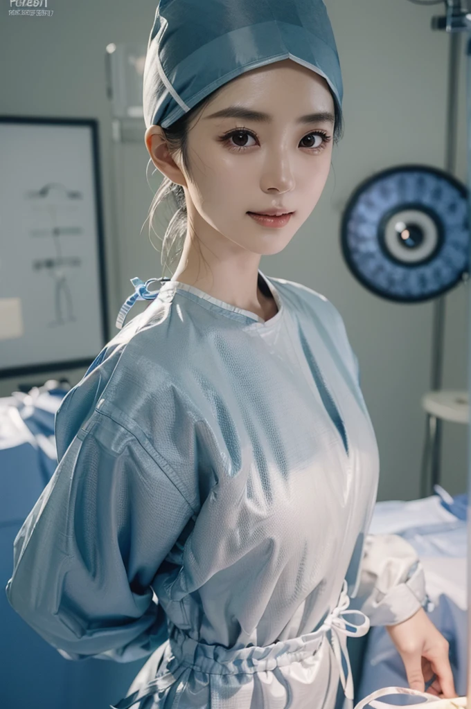 (cowboy shot:1.2), smiling elegant slim asian woman, Japanese, wearing surgical_mask_open, completely_undone, (((surgical outfit))), black hair, (thumbs up), (modern surgery room), photo, 1girl, ultra high res, realistic photorealistic, ultra-detailed, finely detailed, high resolution, perfect dynamic composition, (perfect eyes), (detailed eyes), solid circle eyes, sparkling eyes, (clean eyes), anatomically correct, super detail, textured skin, extremely detailed face and eyes, detailed facial features, ((perfect face)), wide hips