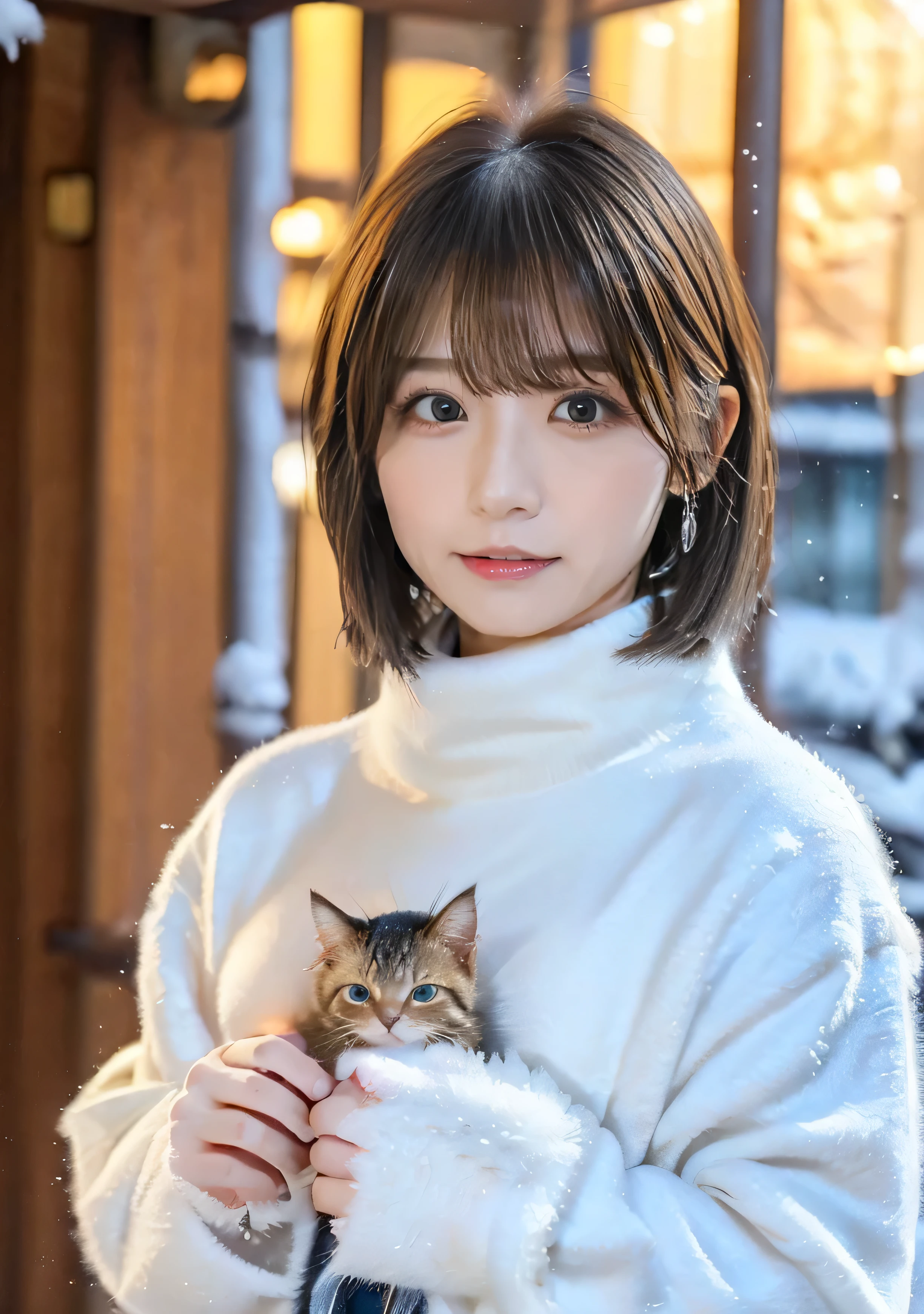 blue eyes、Holding a kitten、Photo from the waist up、Night city illumination shot、Cowgirl Shot、Fur coat、Luxurious grey mink fur coat、Wear fine leather boots、Luxury Bags、Inner turtleneck、Silver necklace and small silver earrings Millionaire style:1.4))、Full body photo、smile、 Caustics、Highly detailed photos、Very beautiful woman 、Ample breasts、No makeup、(8K、RAW Photos、Highest quality、masterpiece:1.2)、(Realistic、Realistic)、1 Girl、((Medium Short Hair、Midwinter、Cold region Snow falling、The wind is blowing、Fluttering Hair、Blur the background、Colorful illuminations、Looking into the camera:1.4))、