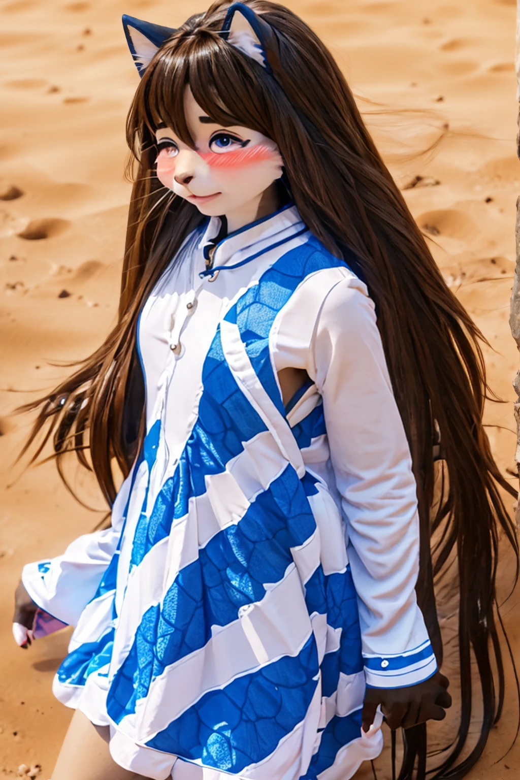 Beach background, high resolution, 4K, masterpiece, high-quality, artistic, 19-year-old, (Siamese cat), female, (full body: 1.4, posture: 1.2), cat Furry, (blooming girl: 1.2), furry, (blushing: 1.3, long hair: 1:2), (quiet, gentle), (national beauty and heavenly fragrance, body size 1:5, slender ears: 1.3, cat tail: 1.3), (blue and white porcelain cheongsam 1:3, B-cover: 1.4), (black ears: 1.2, black brown face: 1.2, white back: 1.2), (black ears: 1.2, black brown face: 1.2, white back: 1.2) Brown arms: 1.4, white chest: 1.3, white belly: 1.4, heterochromatic pupils: 1.3, brown legs: 1.2, black hands: 1.3, black feet: 1.3), delicate eyes, attention to details, detailed subject, (detailed hands: 1.3),Kent's Art