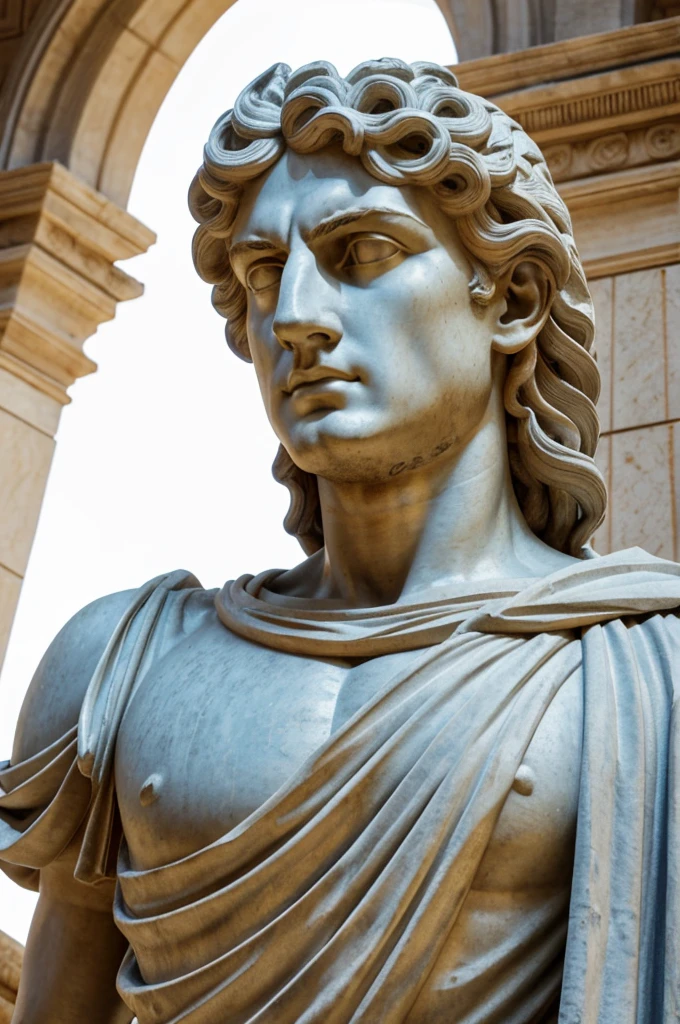 8k classical male statue, sharp facial features, heavy shadows on face, low angle perspective, noble and heroic demeanor, draped in intricately detailed toga, ornamental element on left shoulder, well-defined facial features with strong jawline and straight nose, curly voluminous hair, dramatic lighting with strong shadows, mix of warm tones and bluish highlights