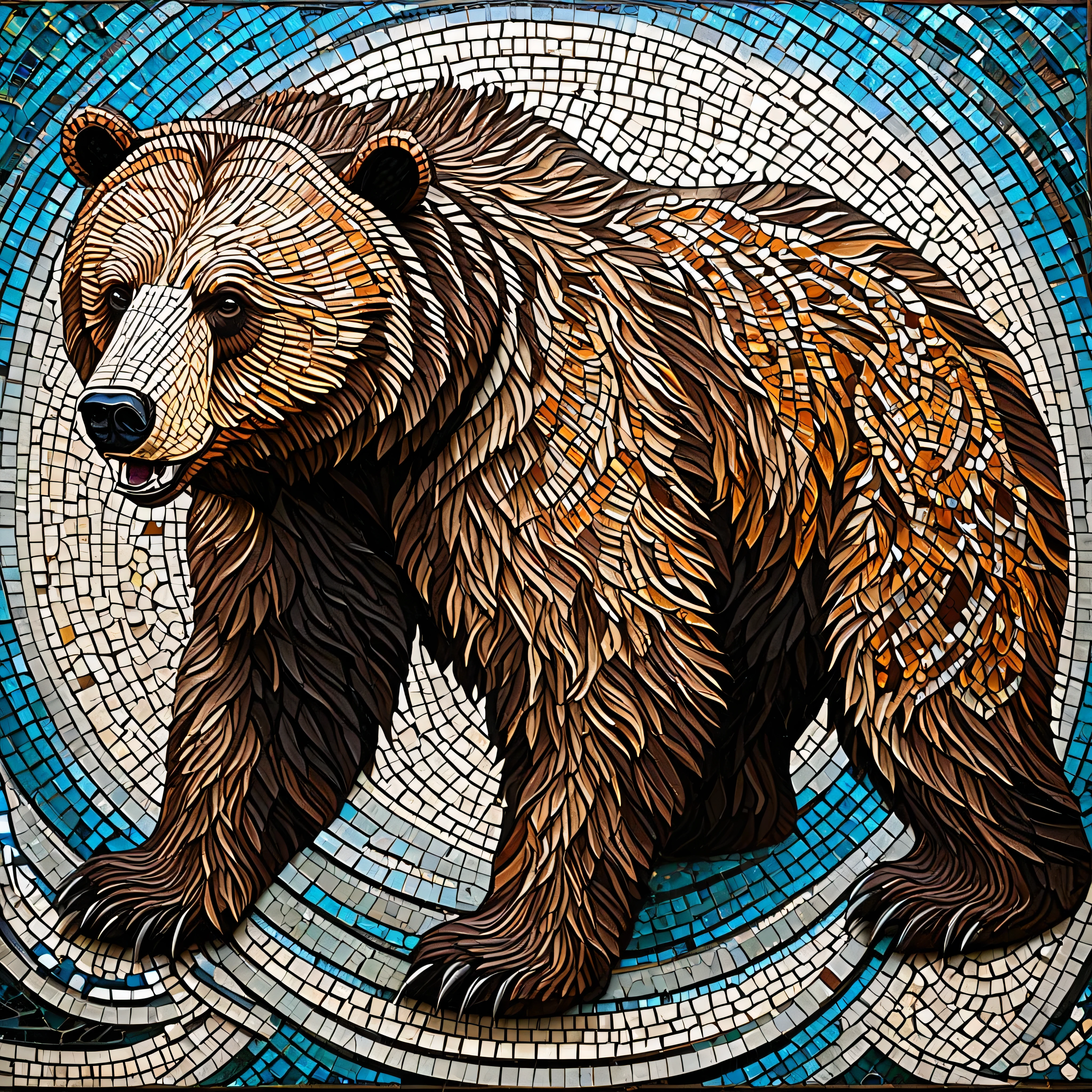 mosaic art, mosaic inspired image designs with intricate tile patterns, battles with bears