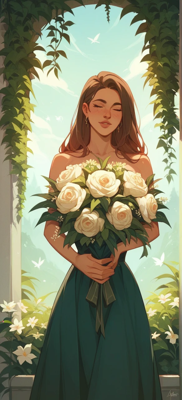 A woman in a black niqab stands amidst lush greenery, holding a delicate bouquet of flowers. The serene environment and her calm demeanor create a sense of peacefulness and contemplation. captures a moment of quiet beauty and reflection."