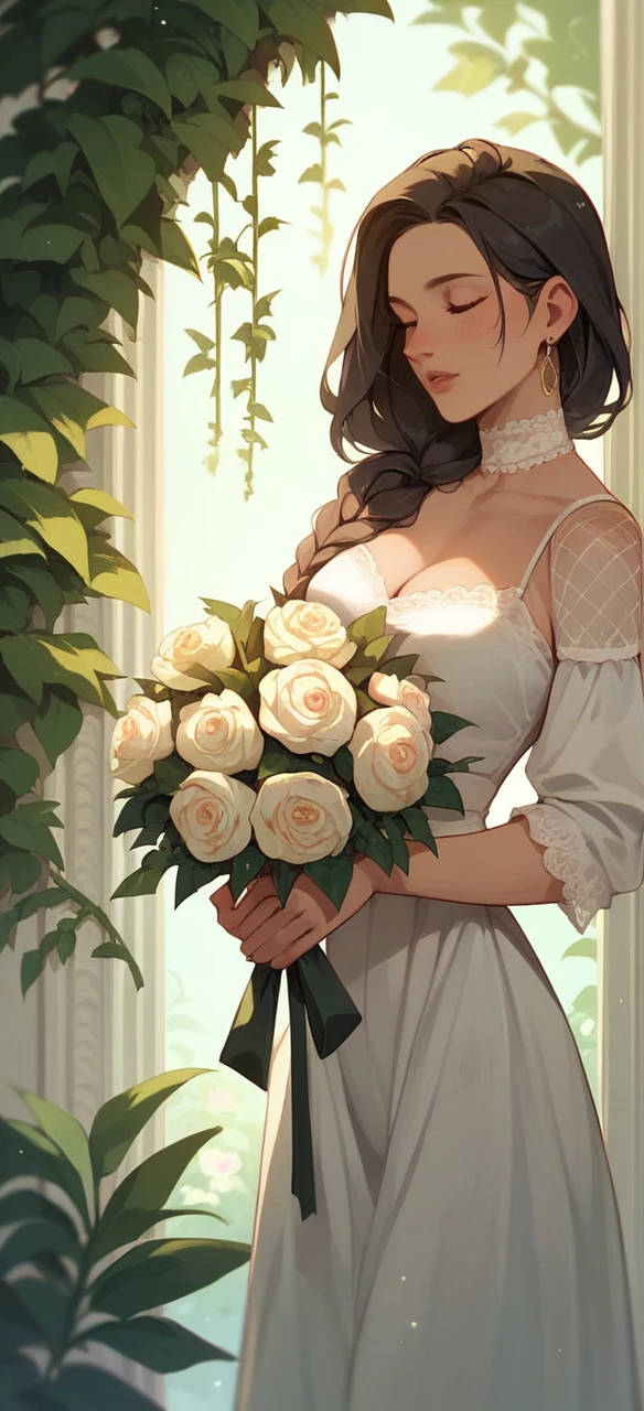 A woman in a black niqab stands amidst lush greenery, holding a delicate bouquet of flowers. The serene environment and her calm demeanor create a sense of peacefulness and contemplation. captures a moment of quiet beauty and reflection."