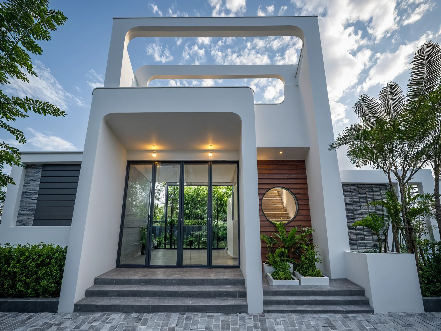 Raw photo, masterpiece, high quality, best quality, realistic, super detailed, outdoor, " 2-storey house " , modern Mezzanine house style, (white wall), curved wall facade, aluminum interior door glass, curved planter, gray tiled accent wall, gray iron box exterior gate, road, sidewalk, grass, trees, sky, clouds, (daylight):1.1)