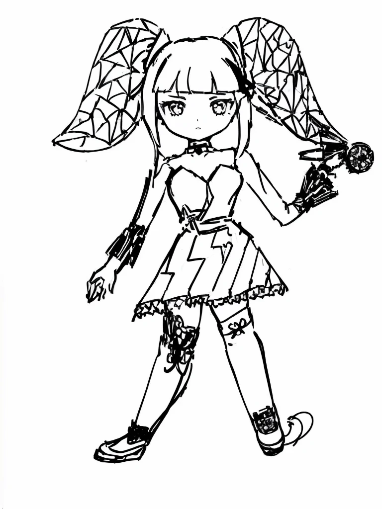 Drawing of a girl with a bird on her head, Magical girl style, Simple line drawing, Black and white comic style, Line Art!!, Mechanized devil child, Thick lines, black and white Line Art, Halloween style, Thick black lines, Sketch art style, 1 7 year old anime goth girl, Anime style