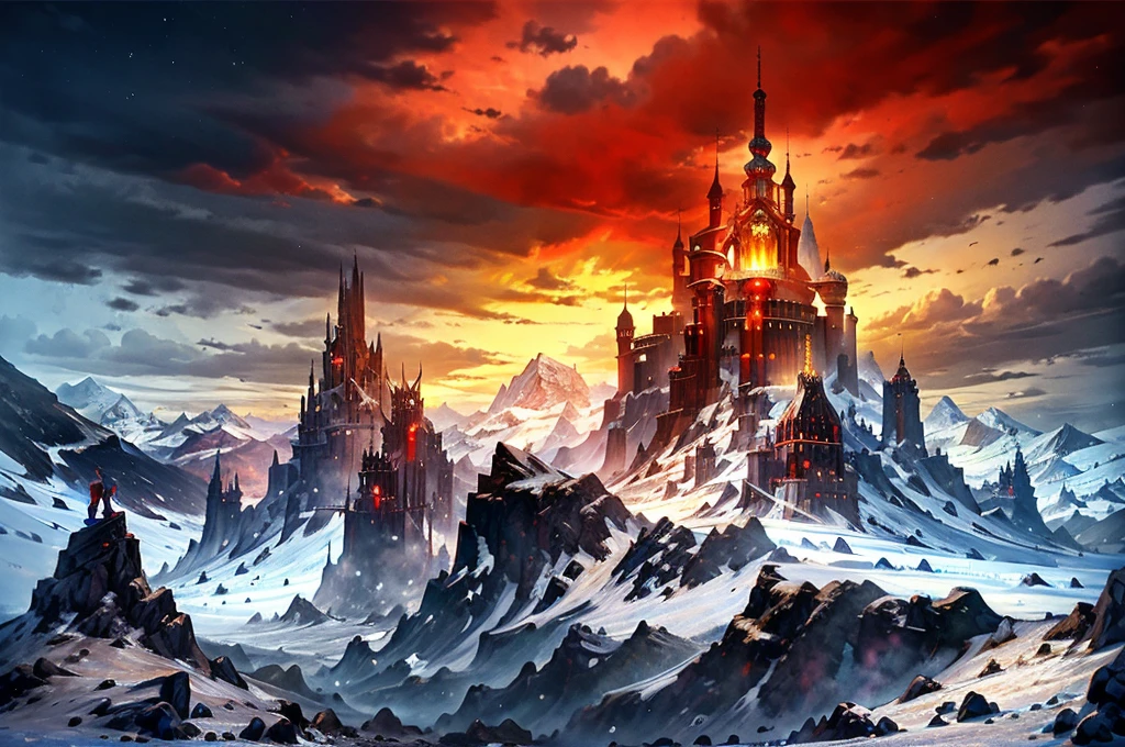 Best quality,masterpiece,High quality,castle,Snow Mountain,horizon,iceberg,bonfire,fantasy,The Peak,a mountainous horizon,explain,landscape,night,Star,galaxy,Red Moon,