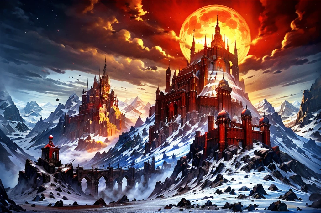 Best quality,masterpiece,High quality,castle,Snow Mountain,horizon,iceberg,bonfire,fantasy,The Peak,a mountainous horizon,explain,landscape,night,Star,galaxy,Red Moon,