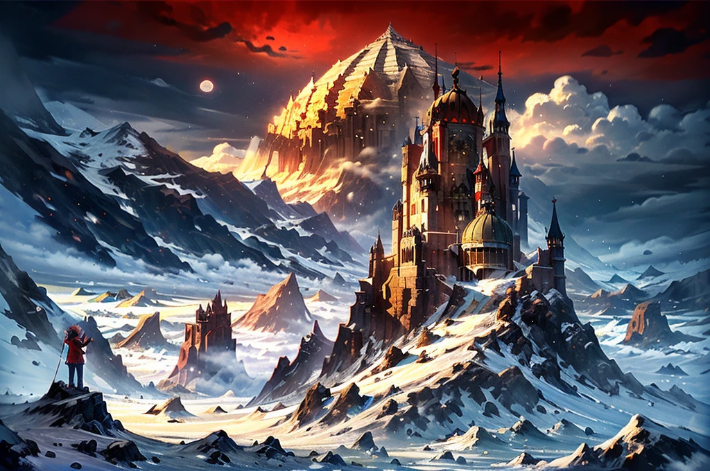 Best quality,masterpiece,High quality,castle,Snow Mountain,horizon,iceberg,bonfire,fantasy,The Peak,a mountainous horizon,explain,landscape,night,Star,galaxy,Red Moon,