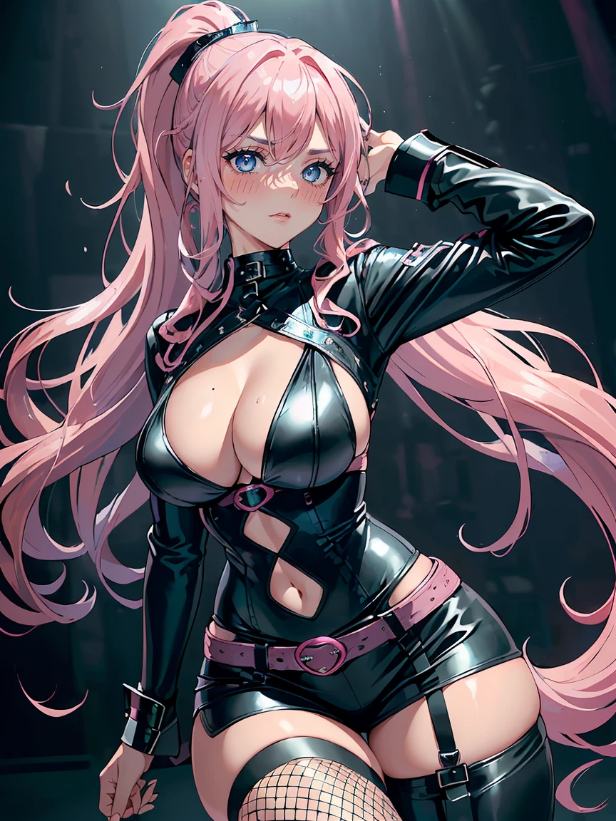 handsome WOMAN,blue-eyes,blue pupils,Long pink hair,Hyperresolution,accuracy,Detailed rendering,(Subtle facial image)(Image of fine hair)(topquality)(Masterpieces of masters)(High degree of completeness)(A sense of atmosphere)tmasterpiece,Super detailed and super detailed(half-body portrait), long wavy pink hair, (((tHICK WAVY HAIR)))(((ANKLE LENGTH HAIR)))(((Blushing)))(((Huge breasts)))(((LARGER BREASTS))) large breasts, bigger breasts (((Bigger breasts))) (((Blushing))) (((Sakimichan))) (((Pink hair))) (((black Rockstar outfit))) (((Leather black outfit))) (((Rockstar)))(((Fishnet tights)))(((cASUAL ROCK OUTFIT))) (((gRUNGE OUTFIT))) (((rOCK MAKEUP))) (((sINGING))) (((bLACK LEATHER OUTFIT))) (((bLACK EYELINER)))(((Fierce expression))) (((Focused))) (((Hair in a long ponytail))) (((Ponytail))) (((Sexy latex outfit)))(((Elf ears)))