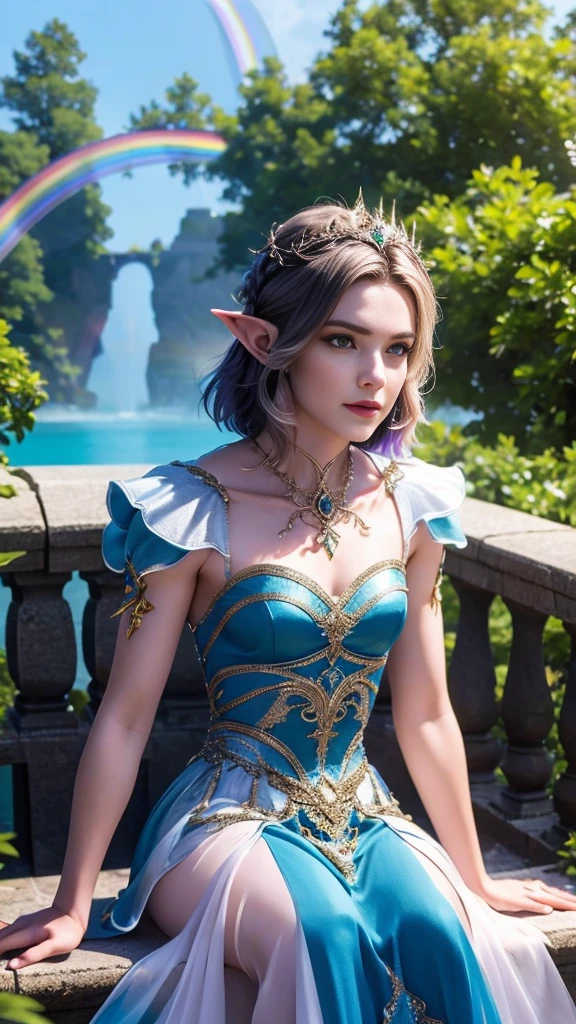 8k, masterpiece, a close up of a bearded young man in a rainbow dress, perfect front body, bare thigh, ((very short spikey hair)), a beautiful fantasy emporer, ((rainbow fantasy dress:1.5)), beautiful fantasy maiden, fantasy art style, trending on cgstation, beautiful and elegant elf king, beautiful elf, shining skin, intricate ornate anime cgi style, ((a beautiful rainbow emporer)), beautiful alluring Realistic woman, shining skin, in the park, sun shining, Realistic shadow, front capture, sitting,