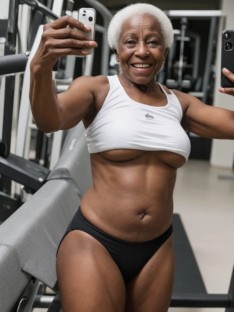 Androeda, solo, realistic, black girl, ((85-year-old girl)), ((mature)), ((old woman)), ((wrinkled woman)), african american old woman, old black woman, dark-skinned, (((upper body only))), ((at the gymnasium)), ((selfie shot)), smiling, wearing attractive tops, white hair