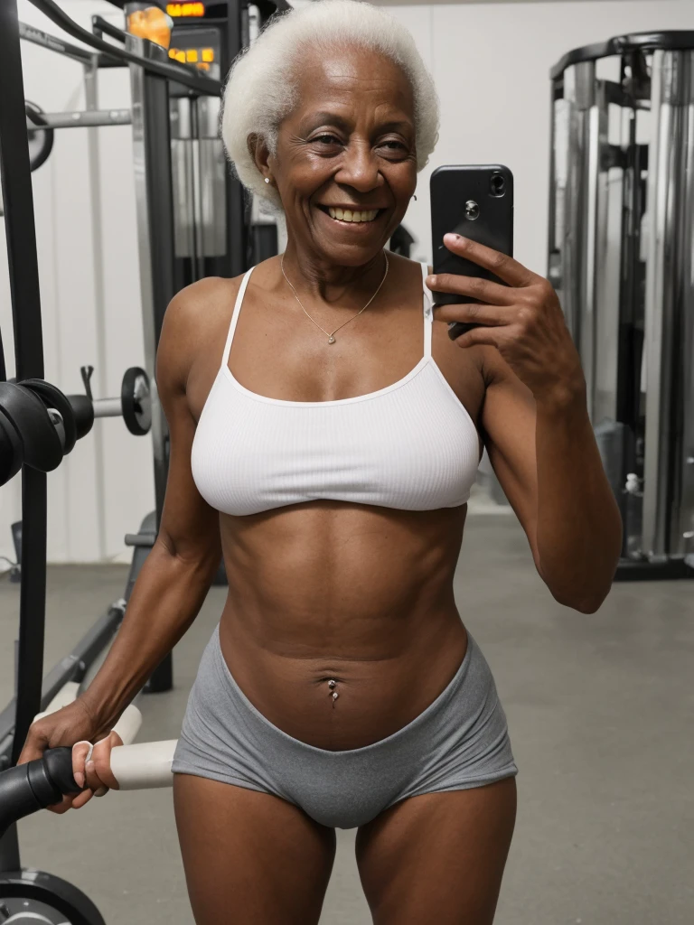 Androeda, solo, realistic, black girl, ((85-year-old girl)), ((mature)), ((old woman)), ((wrinkled woman)), african american old woman, old black woman, dark-skinned, (((upper body only))), ((at the gymnasium)), ((selfie shot)), smiling, wearing attractive tops, white hair