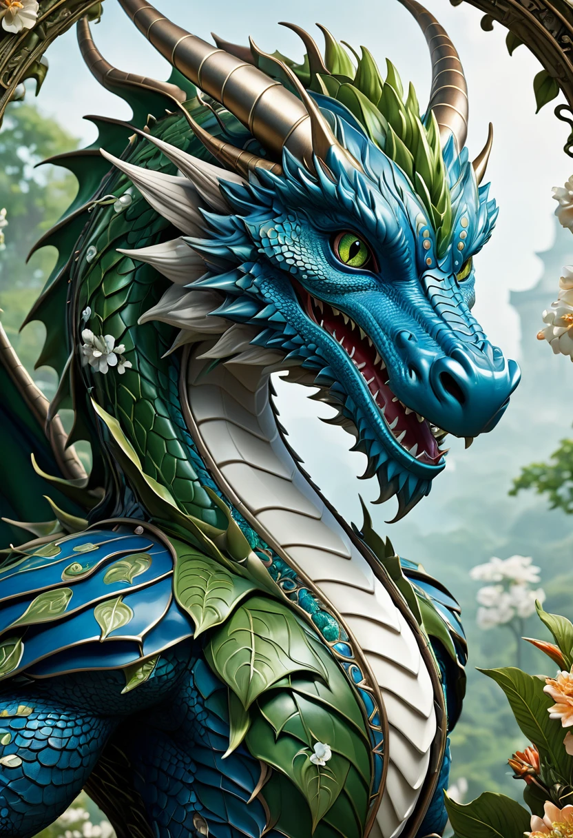 Mechanical faucets,lifelike,Anthropomorphic Dragon,Character setting,Ultra-detailed graphics,Delicate face,8K,magazine cover,Floral background decoration,Strong color contrast,Darker color,Blue, green and white