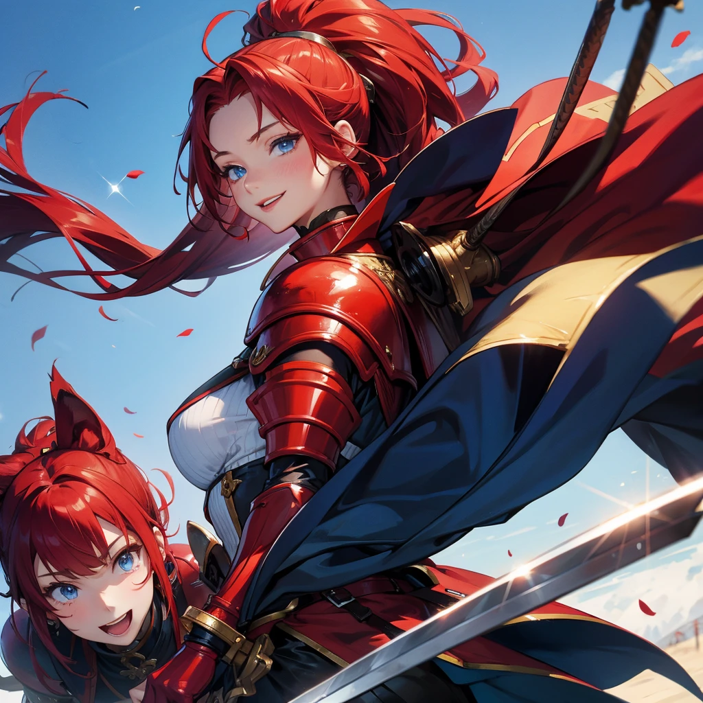 （masterpiece）、18-year-old beauty girl knight in red armor、Red hair in a ponytail、blue eyes、An inappropriate smile、Holding a Japanese sword、With a big wolf by her side