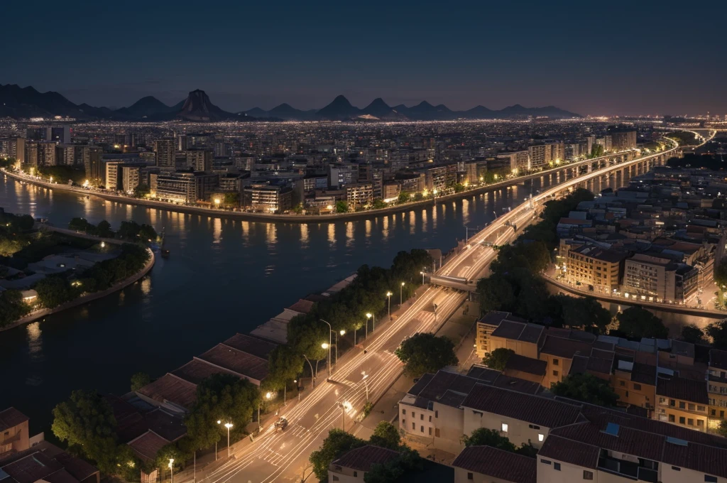 The city is crossed by a wide and winding river, the Rio Sombra, which divides the city into two parts: the historic side, with its colonial buildings and cobblestone streets, and the modern side, with skyscrapers, shopping centers and neighborhoods. contemporary residential. (up view, dark comics, night time, RPG art)