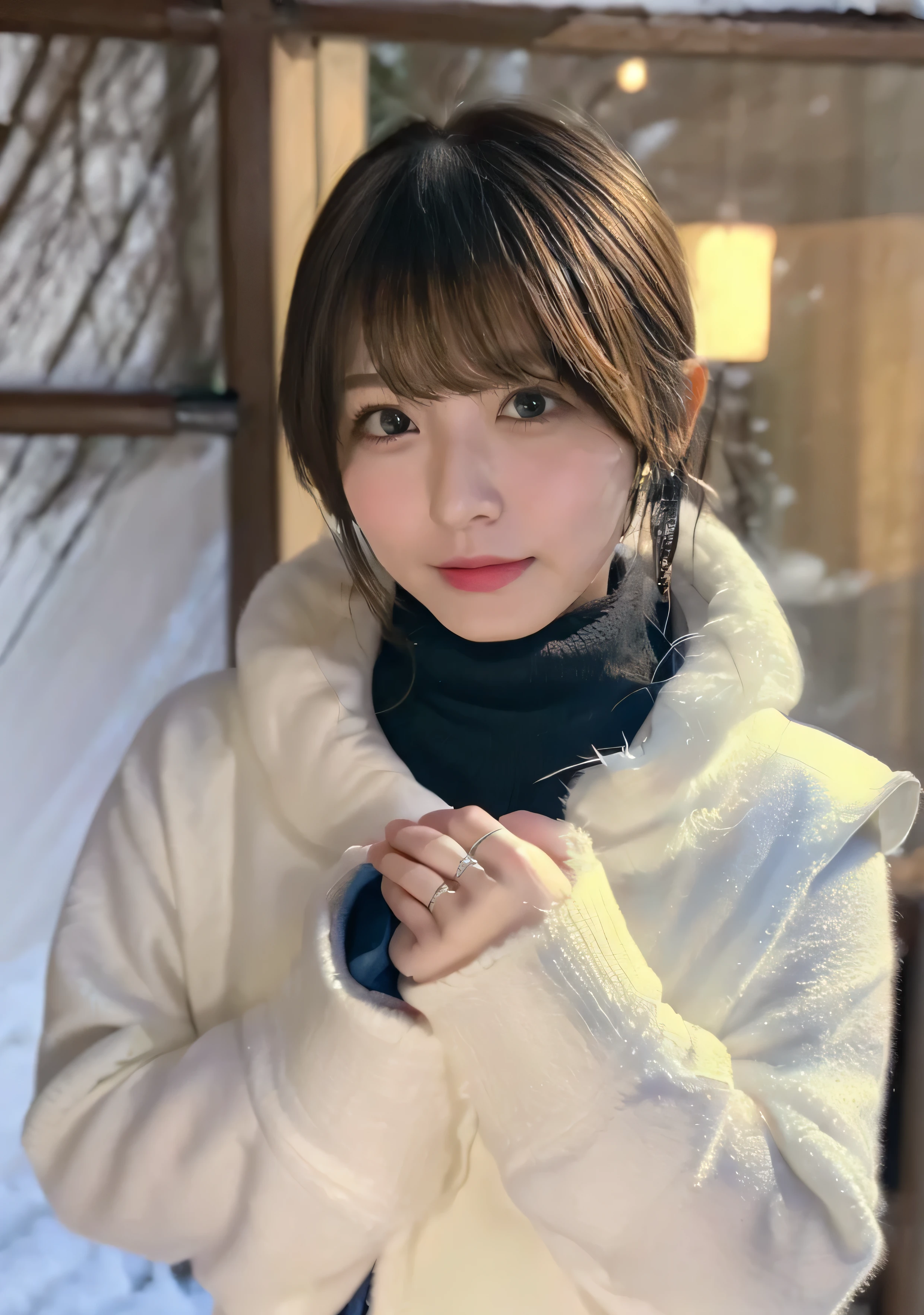 blue eyes、Holding a kitten、Photo from the waist up、Night city illumination shot、Cowgirl Shot、Fur coat、Luxurious grey mink fur coat、Wear fine leather boots、Luxury Bags、Inner turtleneck、Silver necklace and small silver earrings Millionaire style:1.4））、Full body photo、smile、 Caustics、Highly detailed photos、Very beautiful woman 、Ample breasts、No makeup、(8K、RAW Photos、Highest quality、masterpiece:1.2)、(Realistic、Realistic)、1 Girl、((Medium Short Hair、Midwinter、Cold region Snow falling、The wind is blowing、Fluttering Hair、Blur the background、Colorful illuminations、Looking into the camera:1.4))、
