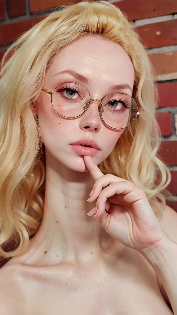 dynamic close-up of the upper part of 1 Russian Woman with freckles, extremely albino, extremely thin and beautiful, perfect body, well-shaped face, skin with highly detailed depth, she is Leaning against a brick wall, (haircut, wavy hair and blondes), (detailed, large, bright eyes, light brown eyes, curled eyelashes, large glasses), (sensuously pouting with mouth), wearing a short sweater showing off the shoulders, ultra realistic, vibrant and pointed image, dynamic vision, high quality 32k, hyper-realistic, cinematic.