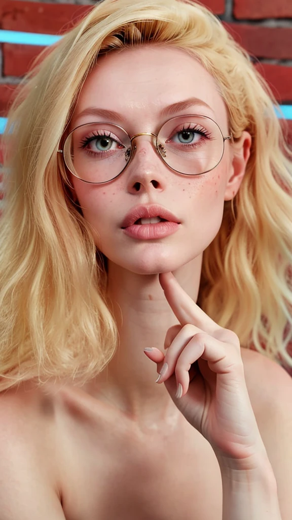 dynamic close-up of the upper part of 1 Russian Woman with freckles, extremely albino, extremely thin and beautiful, perfect body, well-shaped face, skin with highly detailed depth, she is Leaning against a brick wall, (haircut, wavy hair and blondes), (detailed, large, bright eyes, light brown eyes, curled eyelashes, large glasses), (sensuously pouting with mouth), wearing a short sweater showing off the shoulders, ultra realistic, vibrant and pointed image, dynamic vision, high quality 32k, hyper-realistic, cinematic.