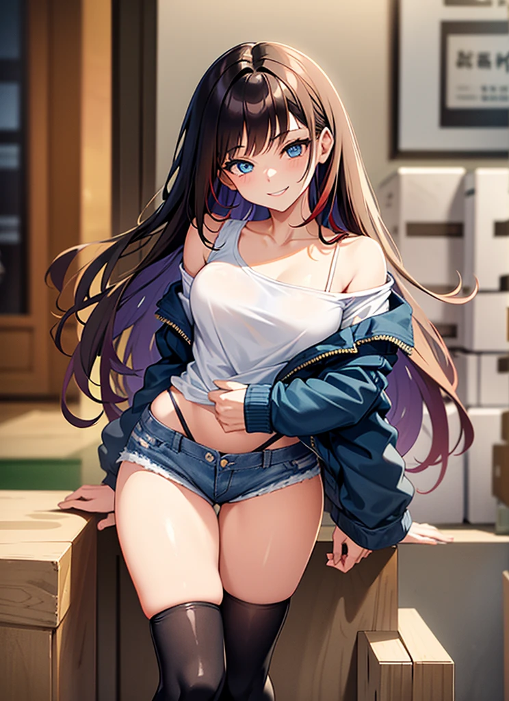 18 year old young girl, long haired redhead with blue eyes, Short white off-the-shoulder shirt, short blue denim shorts, SMILE, smiling, short brown boots with white, embraced with young girl long black hair blue eyes, strong blue denim short shorts, hugged,