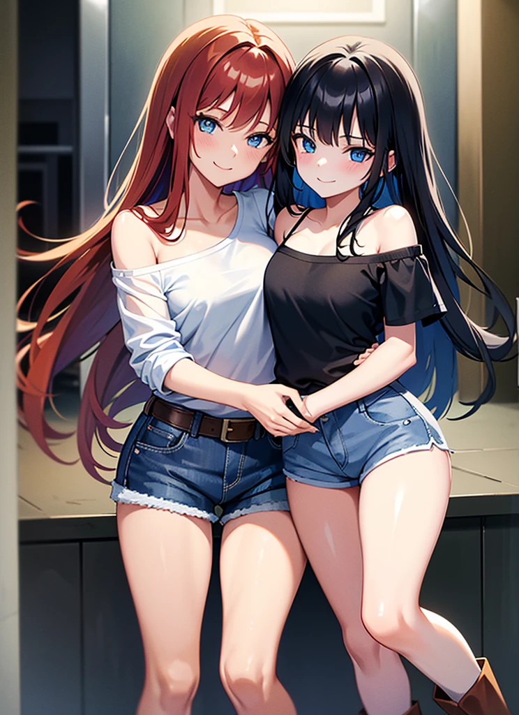 18 year old young girl, long haired redhead with blue eyes, Short white off-the-shoulder shirt, short blue denim shorts, SMILE, smiling, short brown boots with white, embraced with young girl long black hair blue eyes, strong blue denim short shorts, hugged,